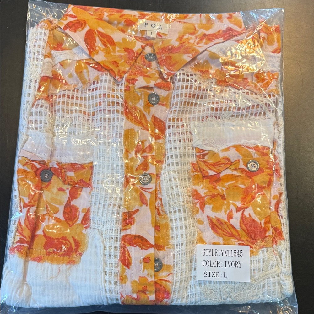 POL White and Orange Floral Mesh Shirt- NWOT